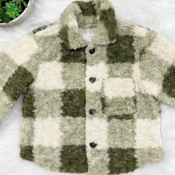 Zara Kids Toddler Fuzzy Sherpa Green Long Sleeves Button Down Jacket Size 2-3 - Picture 2 of 14
